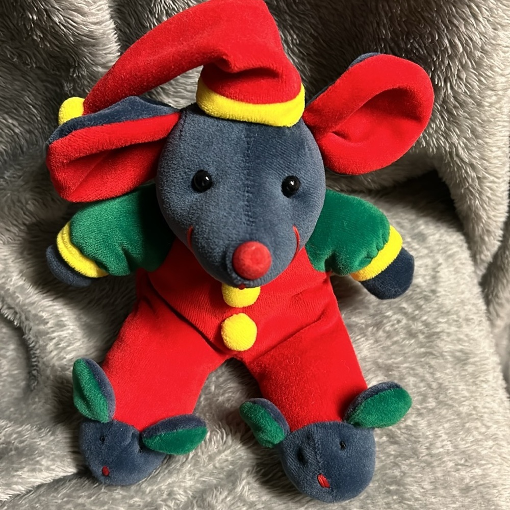 Gray Mouse Plush Primary Colors Red Hat Bunny Slippers Stuffed Animal Soft 9”